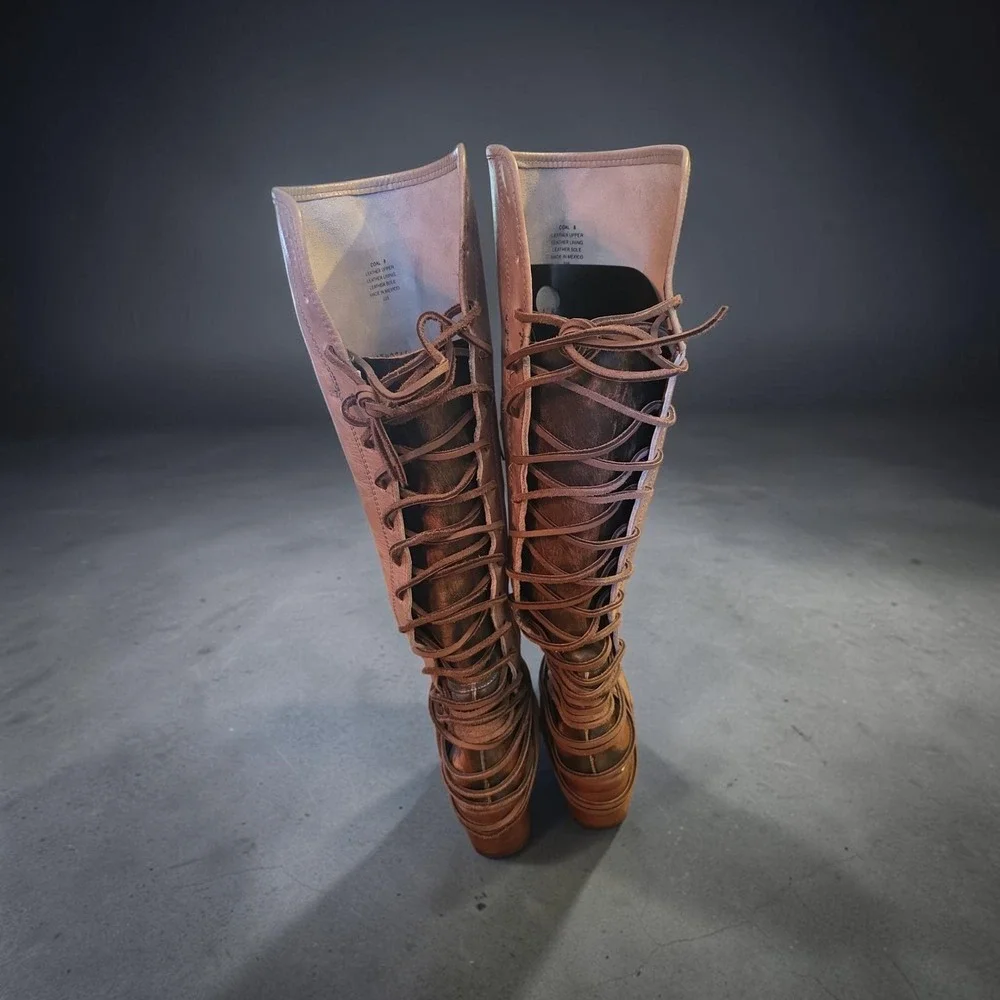 Freebird Coal knee high leather lace up distressed boots size 8